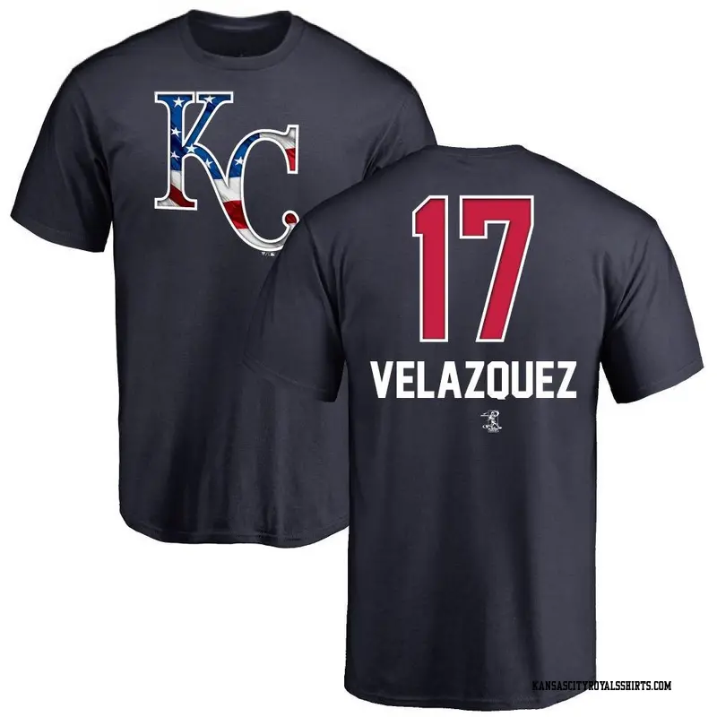 Men's Kansas City Royals ＃17 Nelson Velazquez Navy Name and Number Banner Wave T-Shirt