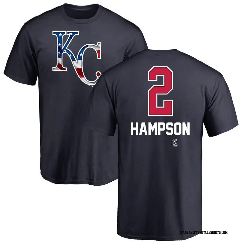 Men's Kansas City Royals ＃2 Garrett Hampson Navy Name and Number Banner Wave T-Shirt