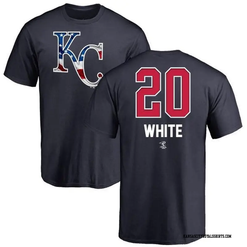 Men's Kansas City Royals ＃20 Frank White White Branded Frank Name and Number Banner Wave T-Shirt Navy