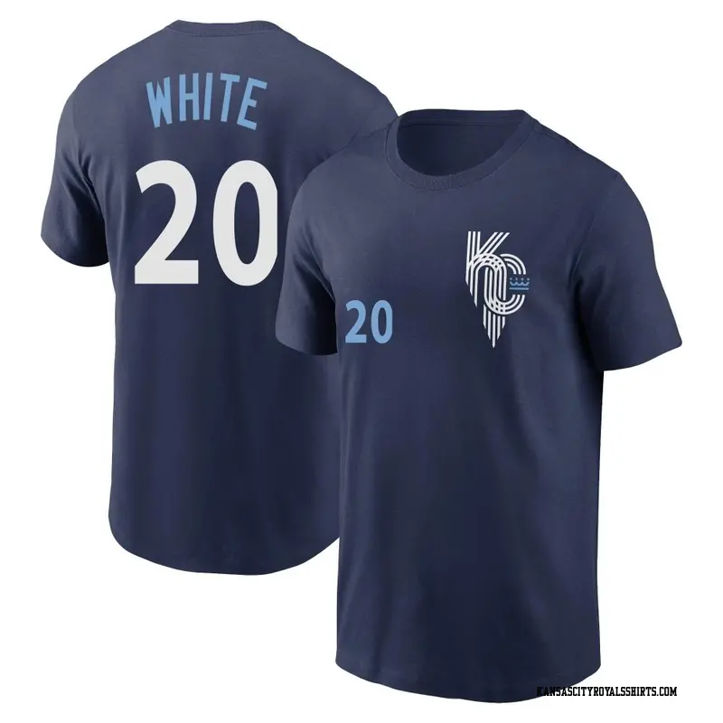 Men's Kansas City Royals ＃20 Frank White White Frank Navy 2022 City Connect Name & Number T-Shirt