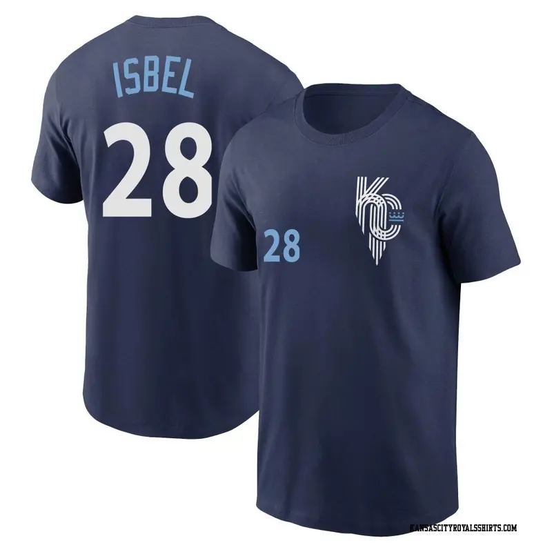 Men's Kansas City Royals ＃28 Kyle Isbel Navy 2022 City Connect Name & Number T-Shirt