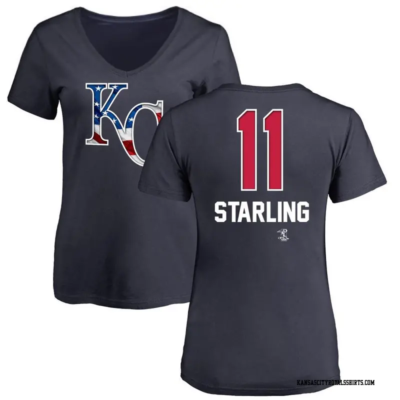 Women's Kansas City Royals ＃11 Bubba Starling Navy Branded Name and Number Banner Wave V-Neck T-Shirt