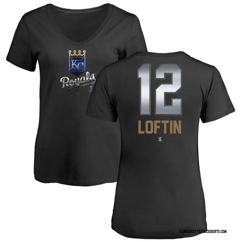 Women's Kansas City Royals ＃12 Nick Loftin Black Midnight Mascot V-Neck T-Shirt