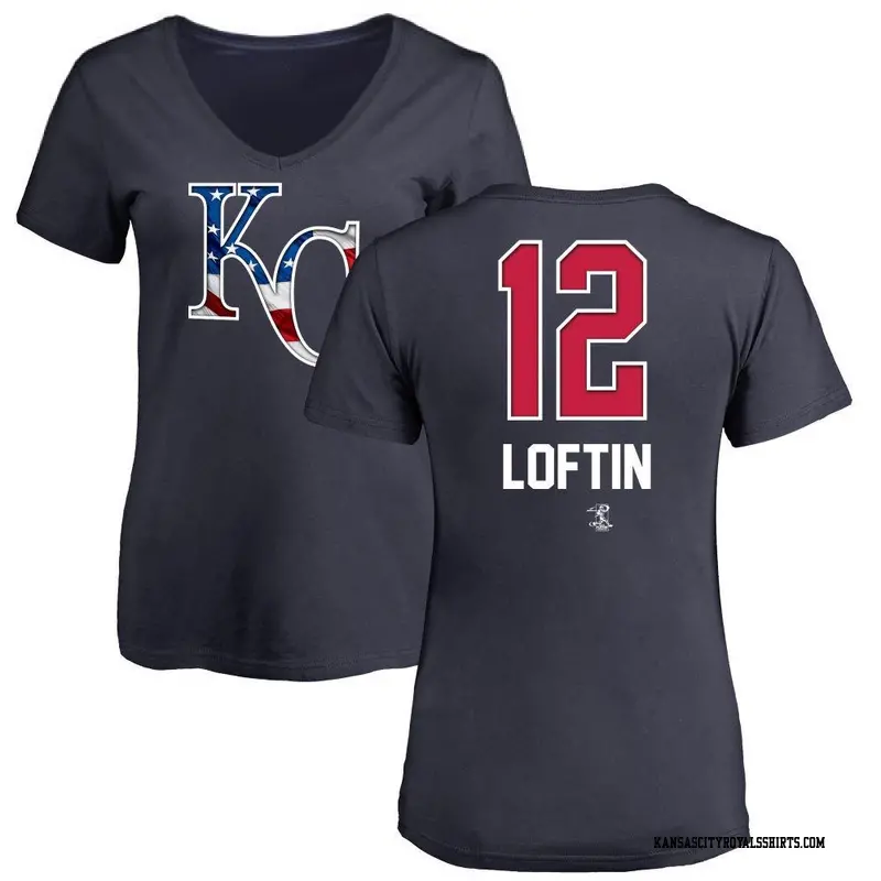 Women's Kansas City Royals ＃12 Nick Loftin Navy Name and Number Banner Wave V-Neck T-Shirt