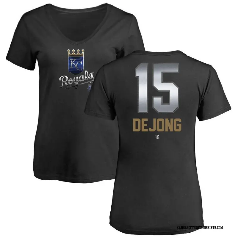 Women's Kansas City Royals ＃15 Paul DeJong Black Midnight Mascot V-Neck T-Shirt