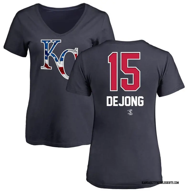 Women's Kansas City Royals ＃15 Paul DeJong Navy Name and Number Banner Wave V-Neck T-Shirt