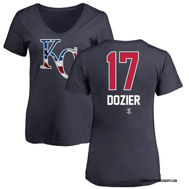 Women's Kansas City Royals ＃17 Hunter Dozier Navy Branded Name and Number Banner Wave V-Neck T-Shirt