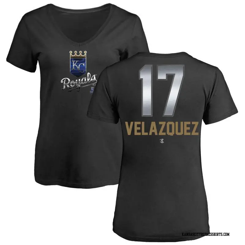 Women's Kansas City Royals ＃17 Nelson Velazquez Black Midnight Mascot V-Neck T-Shirt