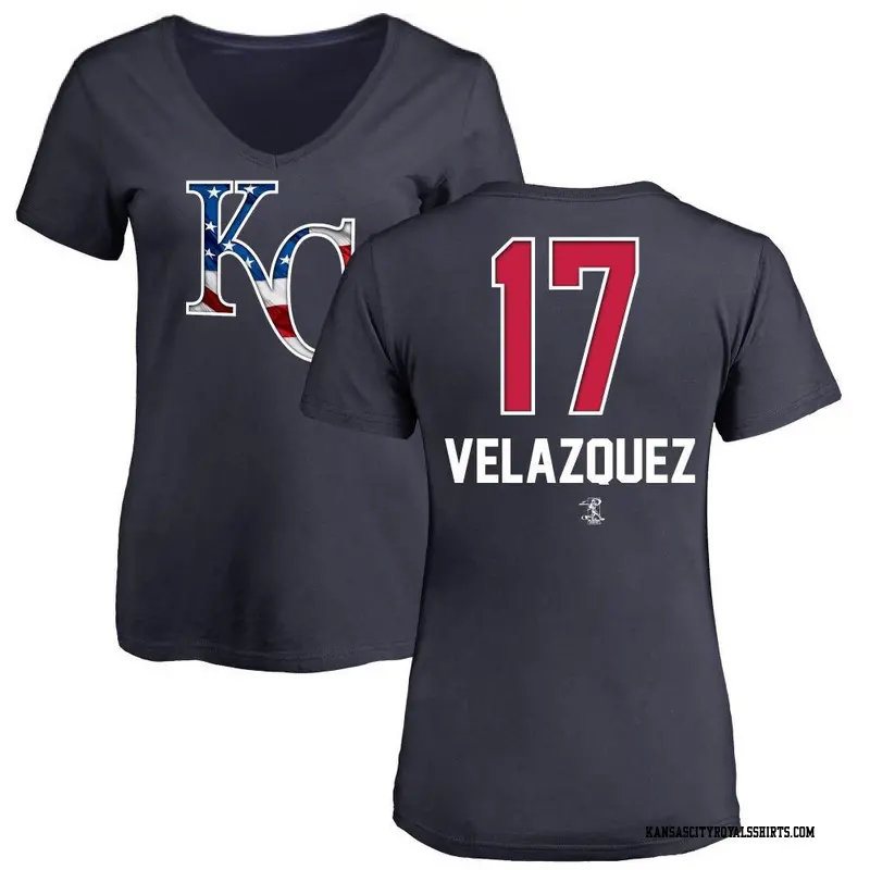 Women's Kansas City Royals ＃17 Nelson Velazquez Navy Name and Number Banner Wave V-Neck T-Shirt