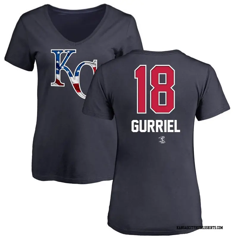 Women's Kansas City Royals ＃18 Yuli Gurriel Navy Name and Number Banner Wave V-Neck T-Shirt