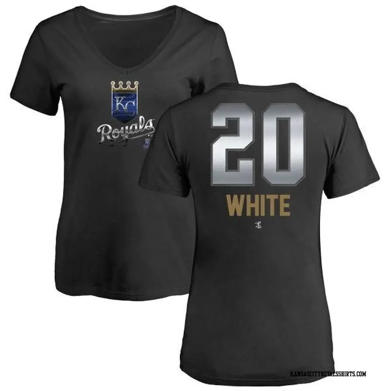 Women's Kansas City Royals ＃20 Frank White White Branded Frank Midnight Mascot V-Neck T-Shirt Black