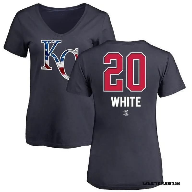 Women's Kansas City Royals ＃20 Frank White White Branded Frank Name and Number Banner Wave V-Neck T-Shirt Navy