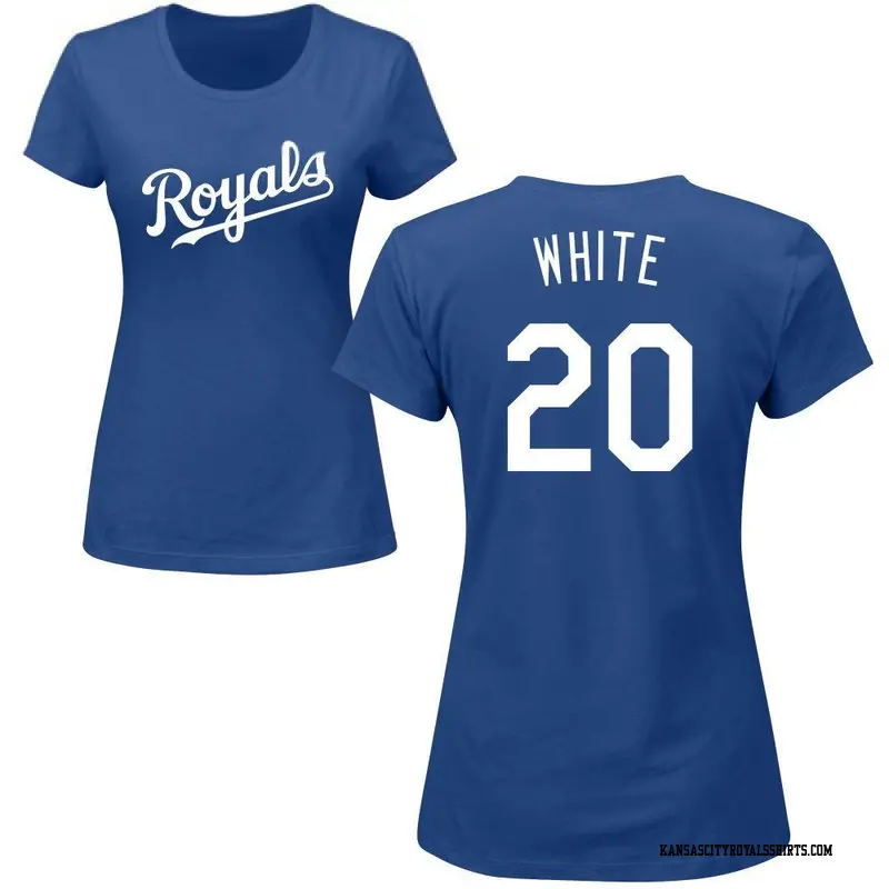 Women's Kansas City Royals ＃20 Frank White White Frank Roster Name & Number T-Shirt Royal