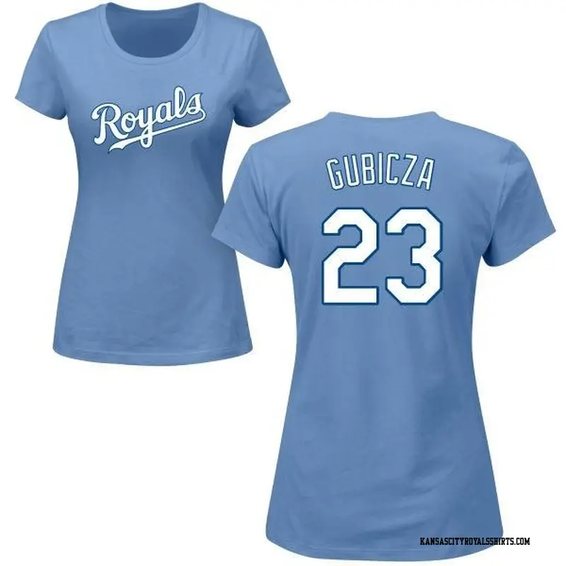 Women's Kansas City Royals ＃23 Mark Gubicza Light Blue Roster Name & Number T-Shirt