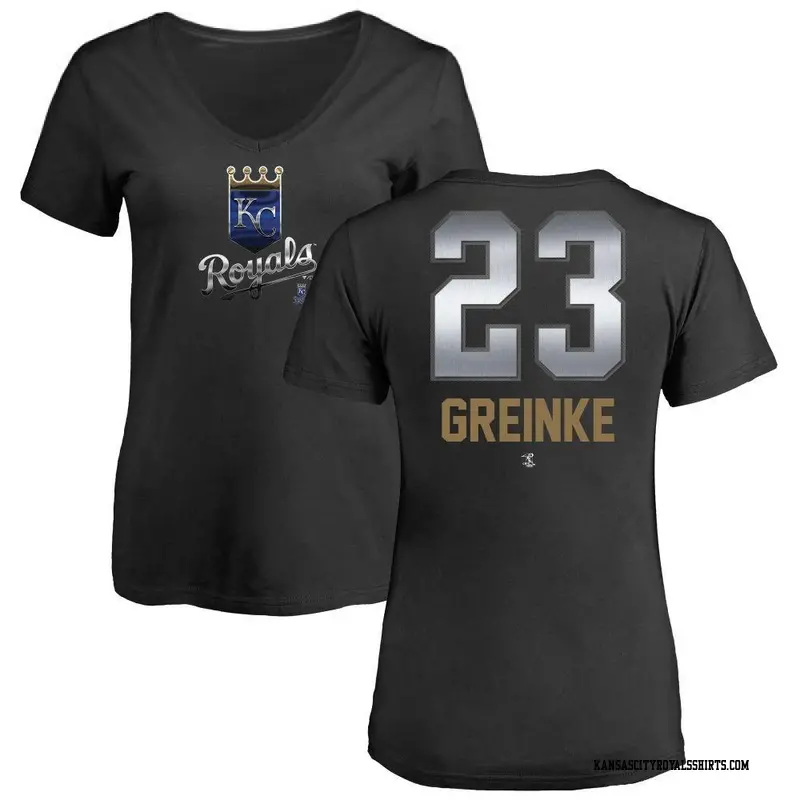 Women's Kansas City Royals ＃23 Zack Greinke Black Branded Midnight Mascot V-Neck T-Shirt