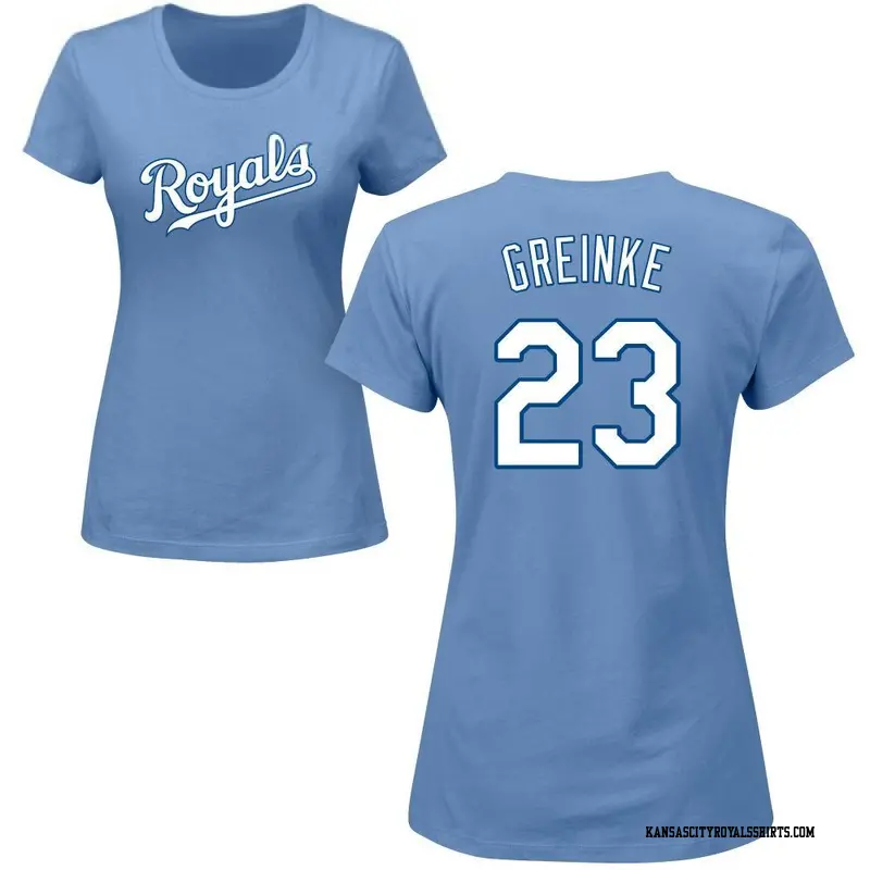 Women's Kansas City Royals ＃23 Zack Greinke Light Blue Roster Name & Number T-Shirt