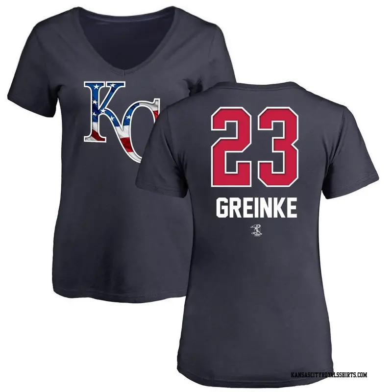 Women's Kansas City Royals ＃23 Zack Greinke Navy Branded Name and Number Banner Wave V-Neck T-Shirt