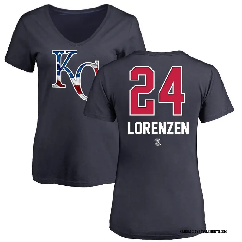 Women's Kansas City Royals ＃24 Michael Lorenzen Navy Name and Number Banner Wave V-Neck T-Shirt