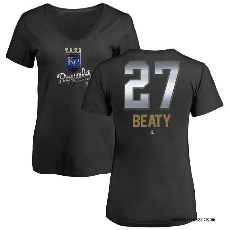 Women's Kansas City Royals ＃27 Matt Beaty Black Midnight Mascot V-Neck T-Shirt