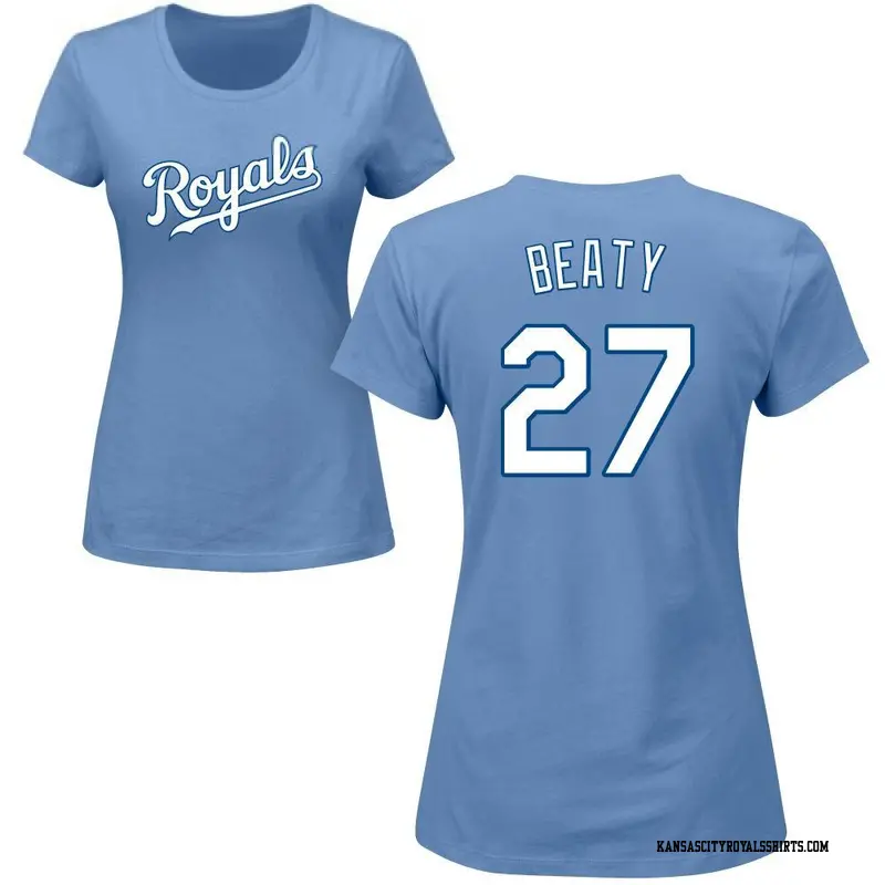 Women's Kansas City Royals ＃27 Matt Beaty Light Blue Roster Name & Number T-Shirt