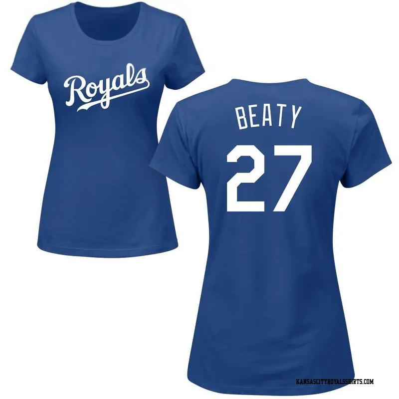 Women's Kansas City Royals ＃27 Matt Beaty Royal Roster Name & Number T-Shirt