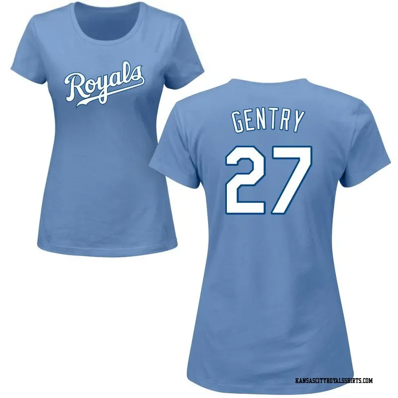 Women's Kansas City Royals ＃27 Tyler Gentry Light Blue Roster Name & Number T-Shirt