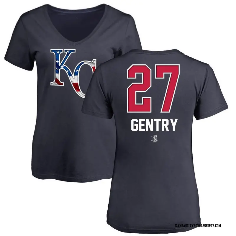 Women's Kansas City Royals ＃27 Tyler Gentry Navy Name and Number Banner Wave V-Neck T-Shirt