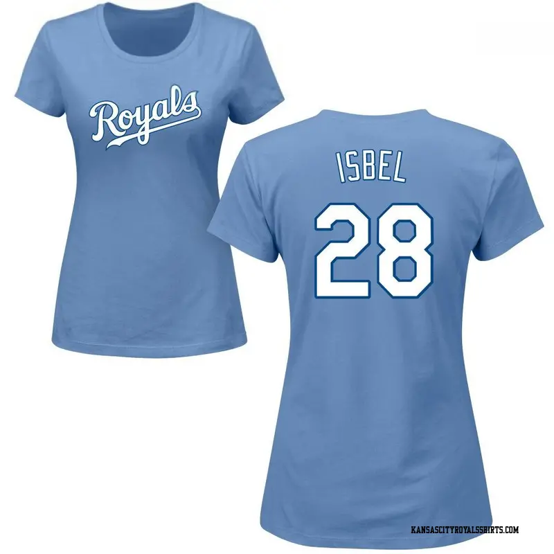 Women's Kansas City Royals ＃28 Kyle Isbel Light Blue Roster Name & Number T-Shirt