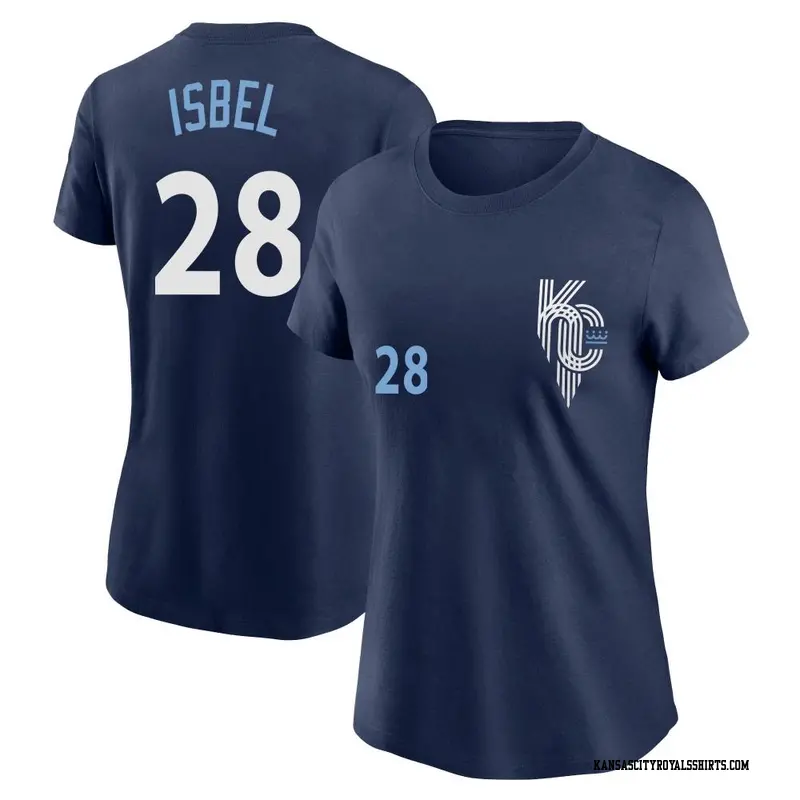 Women's Kansas City Royals ＃28 Kyle Isbel Navy 2022 City Connect Name & Number T-Shirt