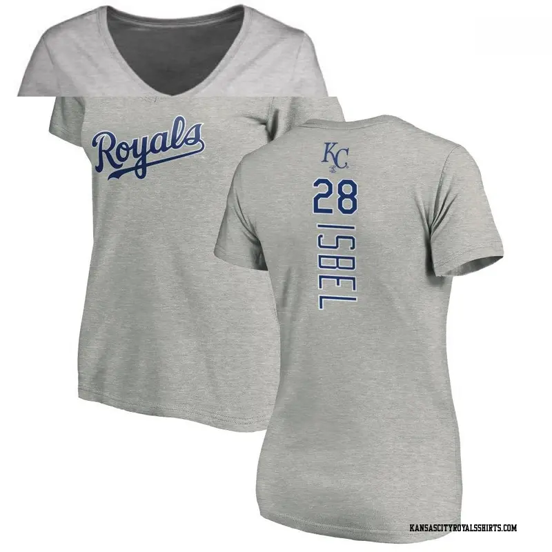 Women's Kansas City Royals ＃28 Kyle Isbel Royal Backer Slim Fit T-Shirt Ash