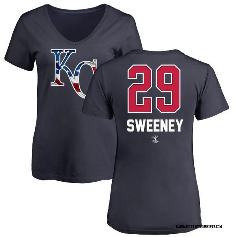 Women's Kansas City Royals ＃29 Mike Sweeney Navy Branded Name and Number Banner Wave V-Neck T-Shirt