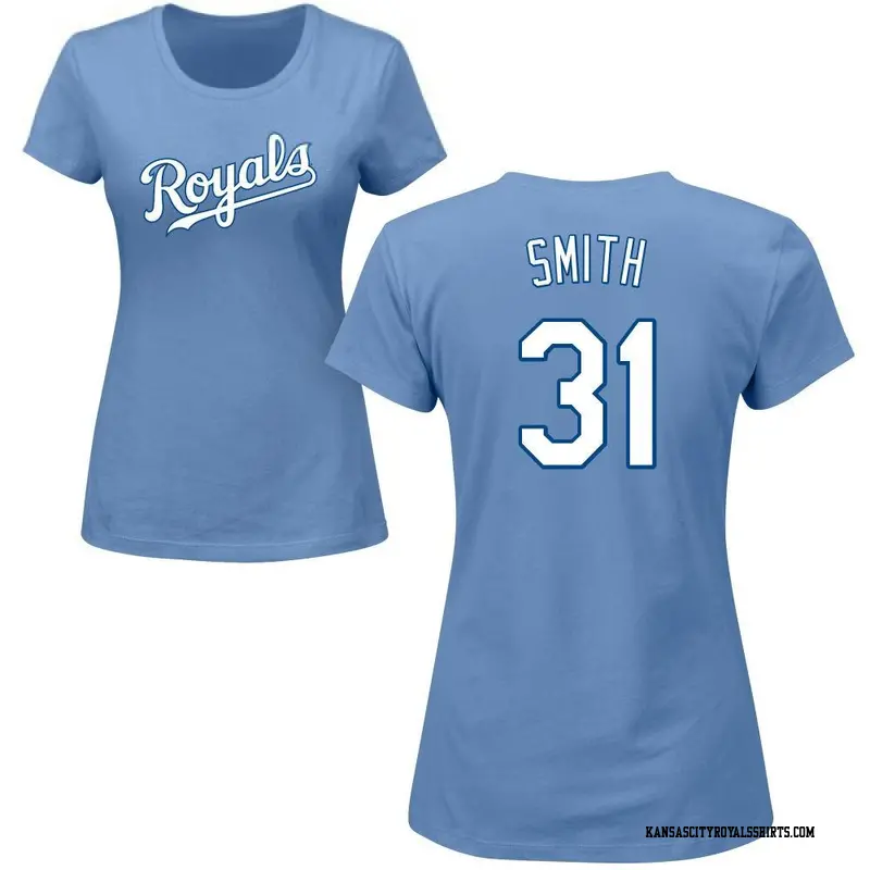 Women's Kansas City Royals ＃31 Will Smith Light Blue Roster Name & Number T-Shirt