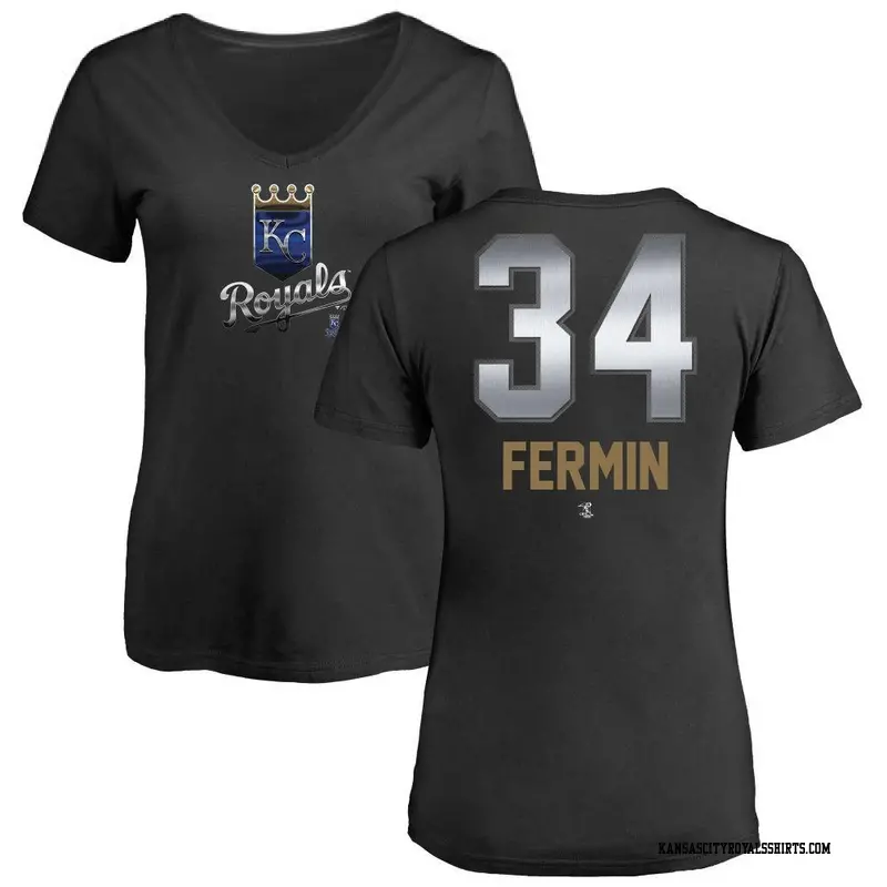 Women's Kansas City Royals ＃34 Freddy Fermin Black Branded Midnight Mascot V-Neck T-Shirt