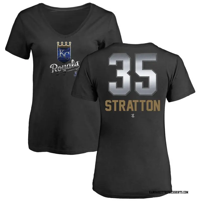 Women's Kansas City Royals ＃35 Chris Stratton Black Midnight Mascot V-Neck T-Shirt