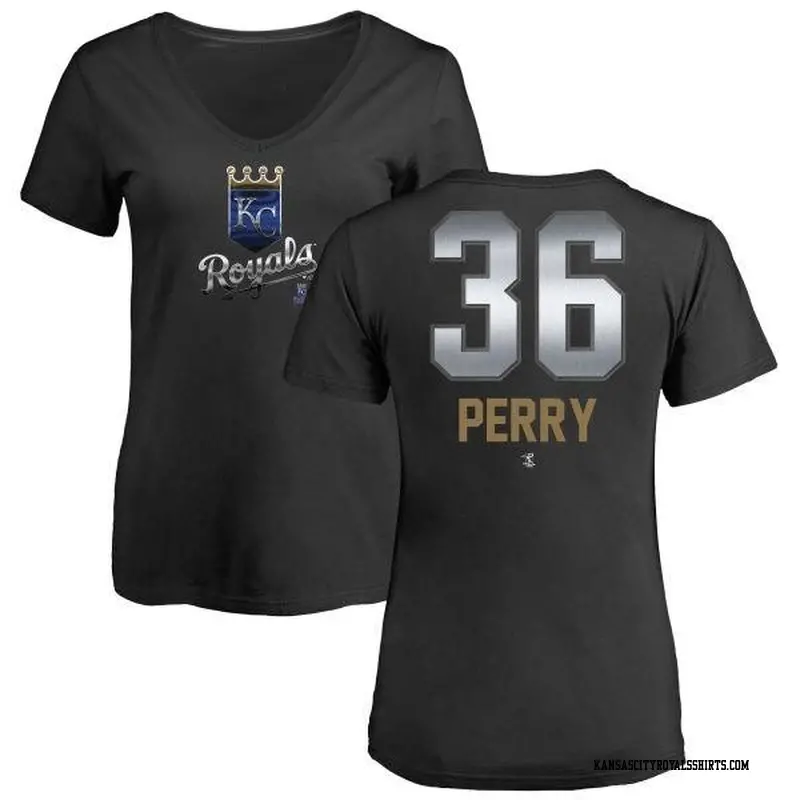 Women's Kansas City Royals ＃36 Gaylord Perry Black Branded Midnight Mascot V-Neck T-Shirt