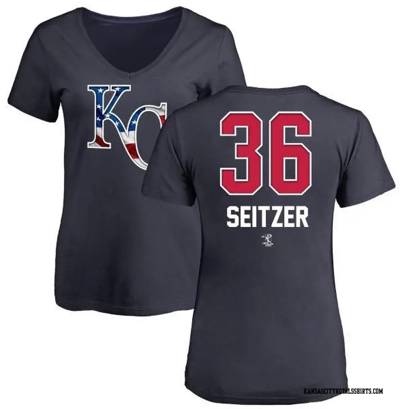 Women's Kansas City Royals ＃36 Kevin Seitzer Navy Branded Name and Number Banner Wave V-Neck T-Shirt