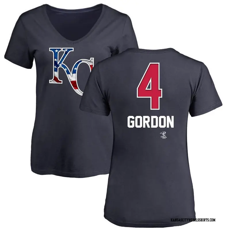 Women's Kansas City Royals ＃4 Alex Gordon Navy Branded Name and Number Banner Wave V-Neck T-Shirt