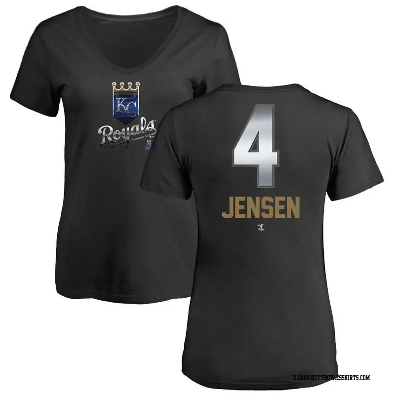 Women's Kansas City Royals ＃4 Carter Jensen Black Midnight Mascot V-Neck T-Shirt