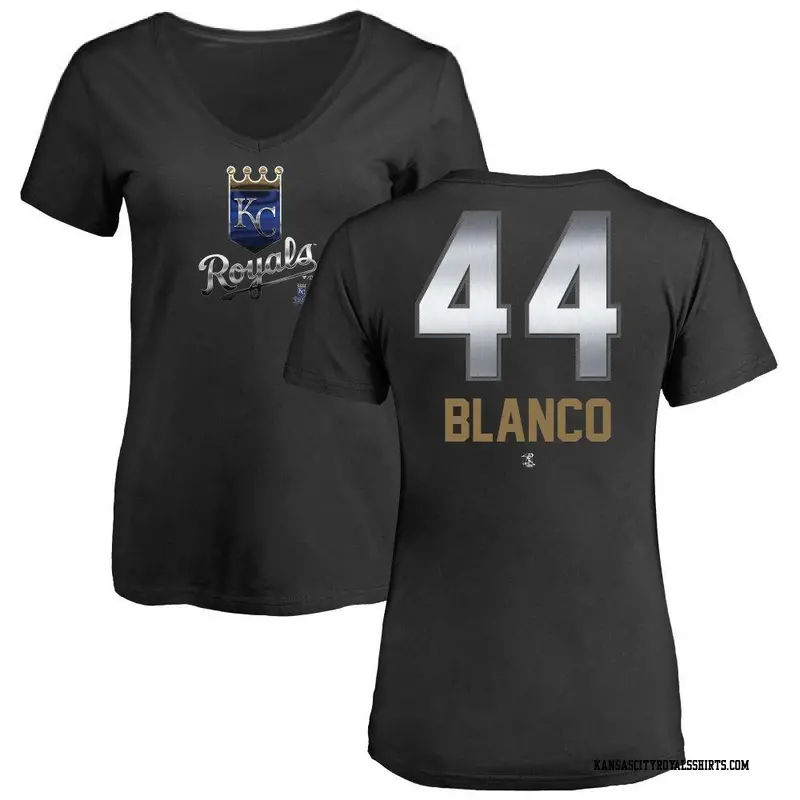 Women's Kansas City Royals ＃44 Dairon Blanco Black Midnight Mascot V-Neck T-Shirt