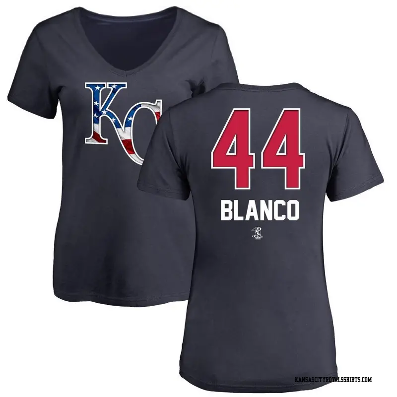 Women's Kansas City Royals ＃44 Dairon Blanco Navy Name and Number Banner Wave V-Neck T-Shirt