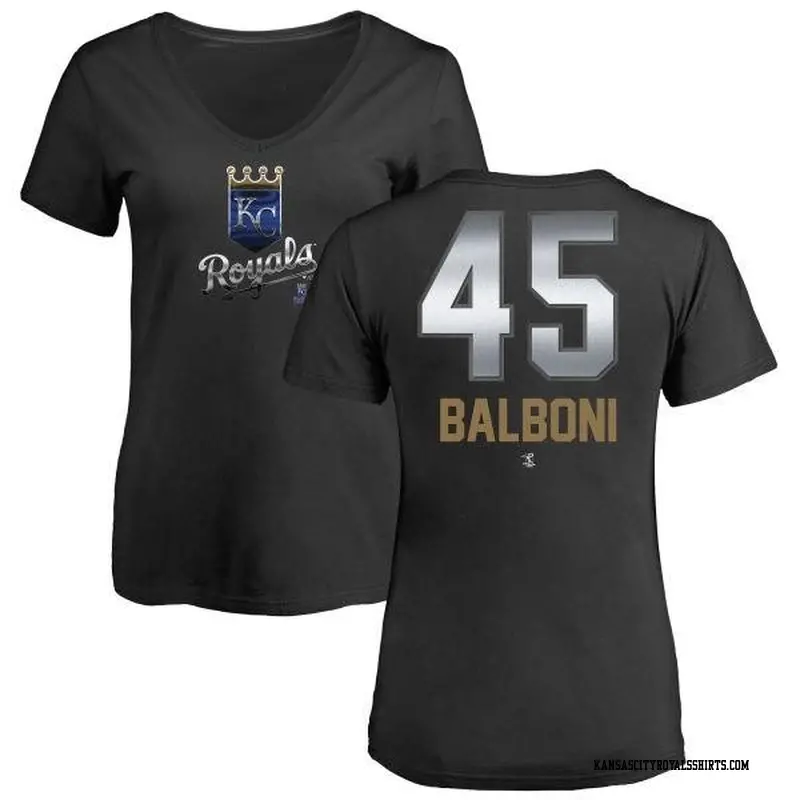 Women's Kansas City Royals ＃45 Steve Balboni Black Branded Midnight Mascot V-Neck T-Shirt