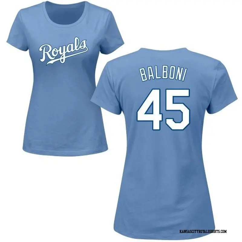 Women's Kansas City Royals ＃45 Steve Balboni Light Blue Roster Name & Number T-Shirt