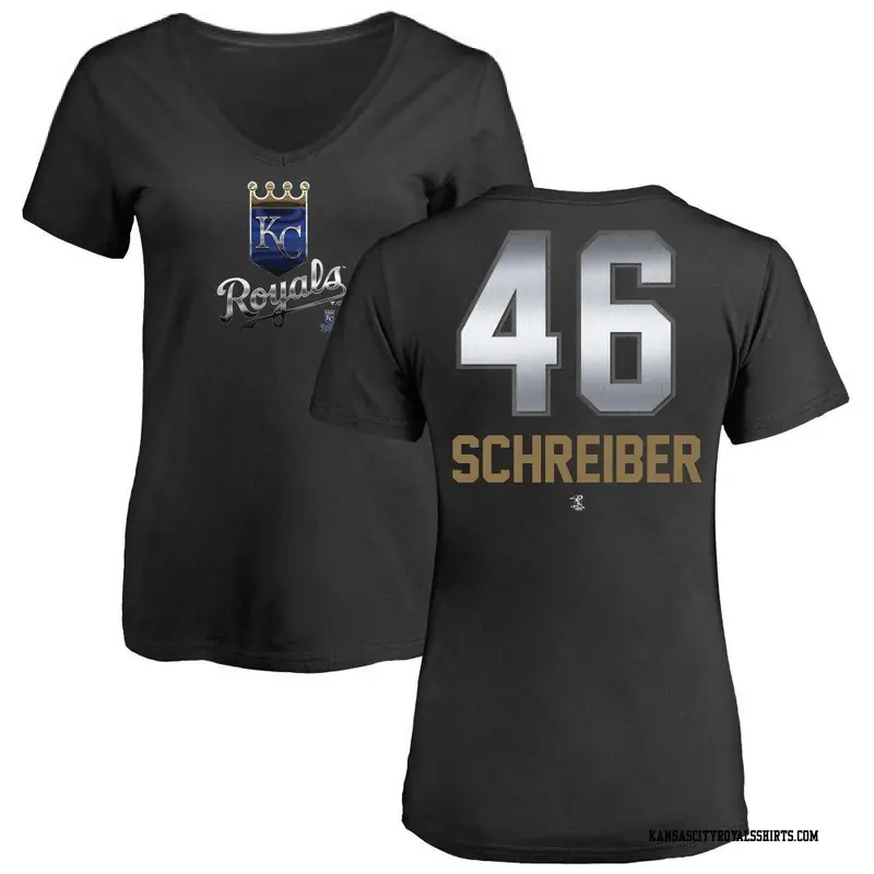 Women's Kansas City Royals ＃46 John Schreiber Black Midnight Mascot V-Neck T-Shirt