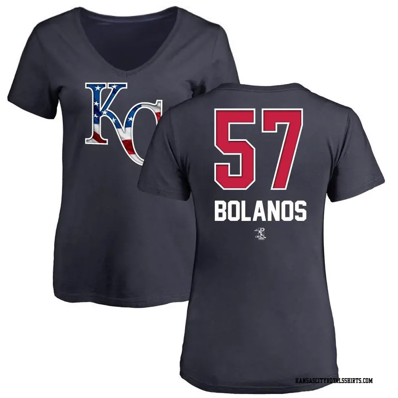 Women's Kansas City Royals ＃57 Ronald Bolanos Navy Name and Number Banner Wave V-Neck T-Shirt