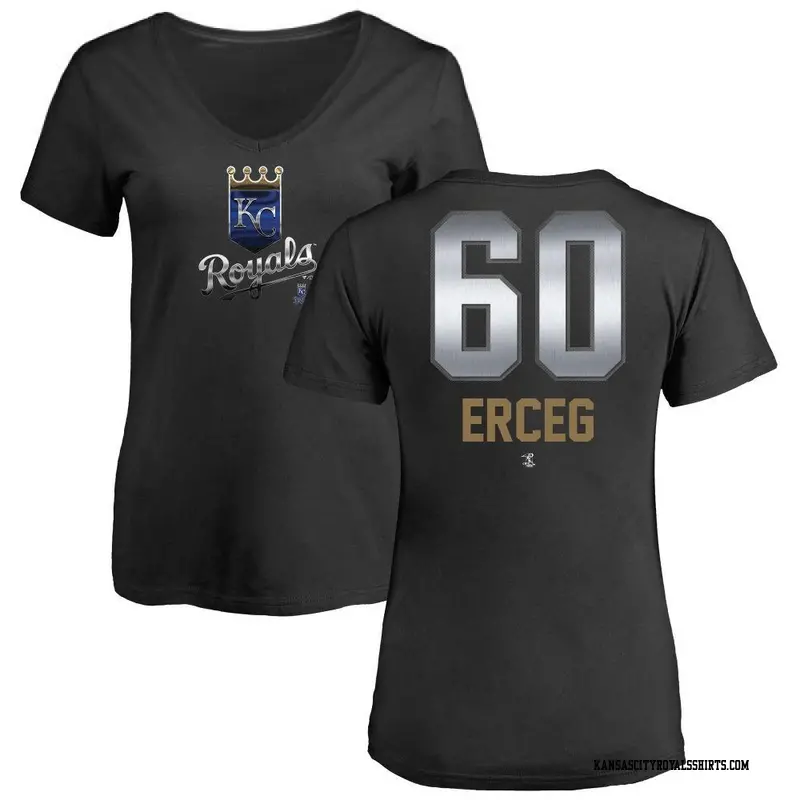 Women's Kansas City Royals ＃60 Lucas Erceg Black Midnight Mascot V-Neck T-Shirt