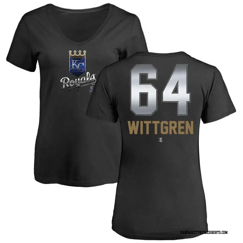 Women's Kansas City Royals ＃64 Nick Wittgren Black Midnight Mascot V-Neck T-Shirt