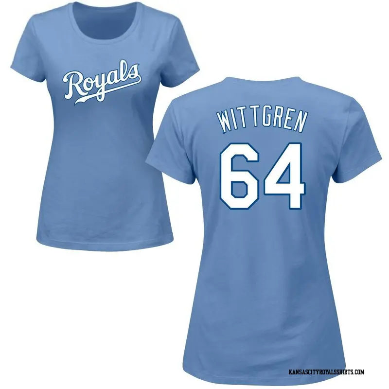 Women's Kansas City Royals ＃64 Nick Wittgren Light Blue Roster Name & Number T-Shirt