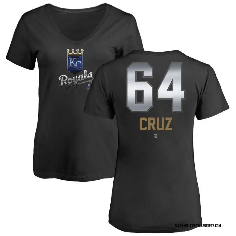 Women's Kansas City Royals ＃64 Steven Cruz Black Midnight Mascot V-Neck T-Shirt