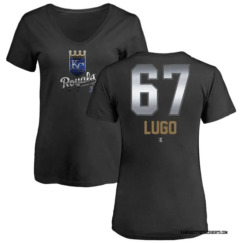 Women's Kansas City Royals ＃67 Seth Lugo Black Midnight Mascot V-Neck T-Shirt