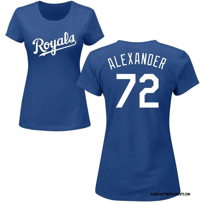 Women's Kansas City Royals ＃72 CJ Alexander Royal Roster Name & Number T-Shirt